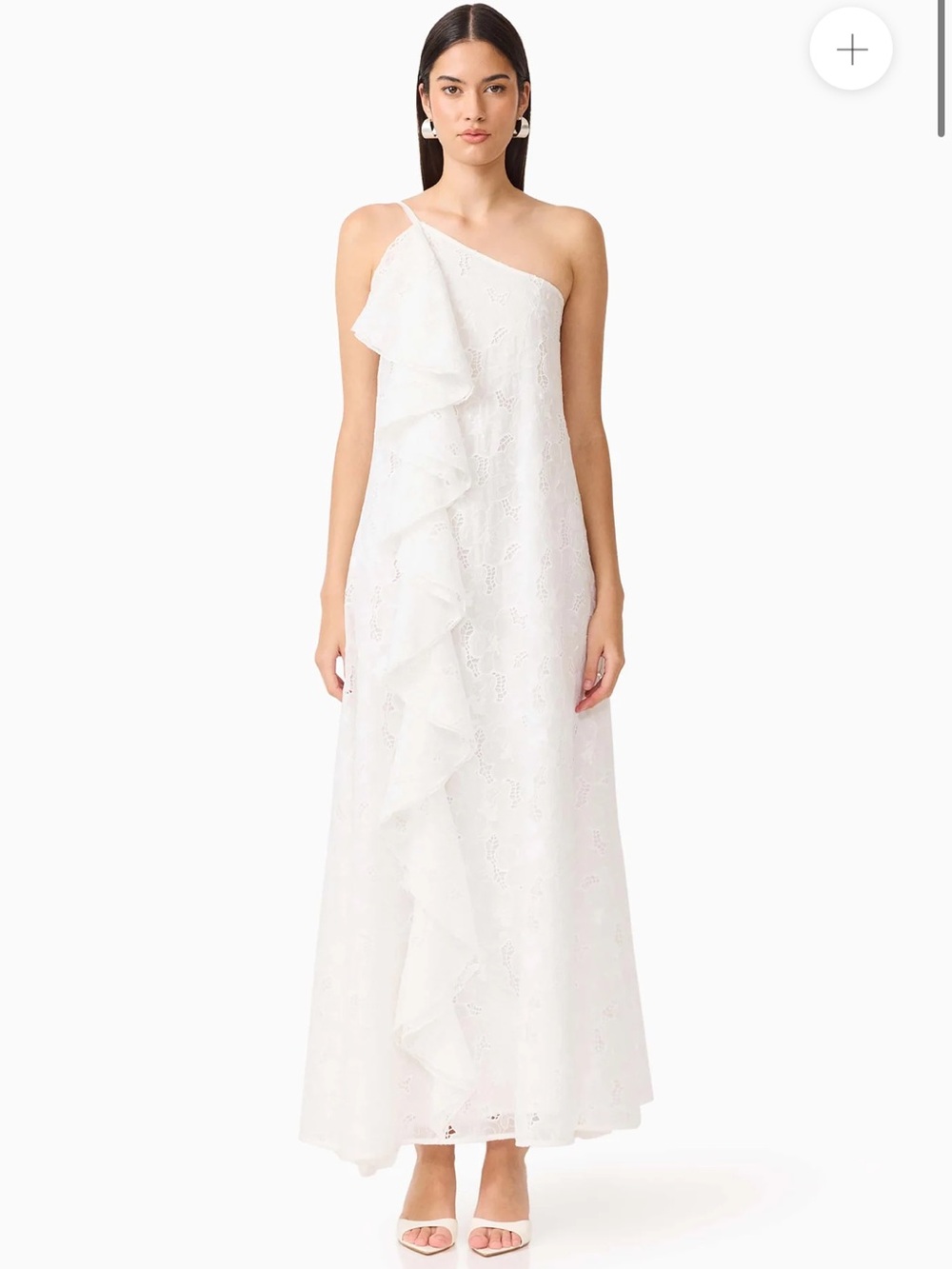 elliatt curaae white lace one shoulder asymmetrical ruffle maxi gown dress XS